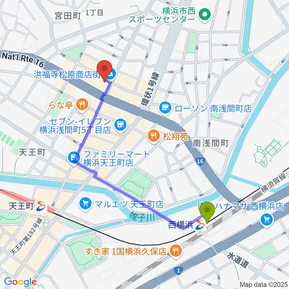 西横浜駅からスタジオOUT of DATEへのルートマップ地図
