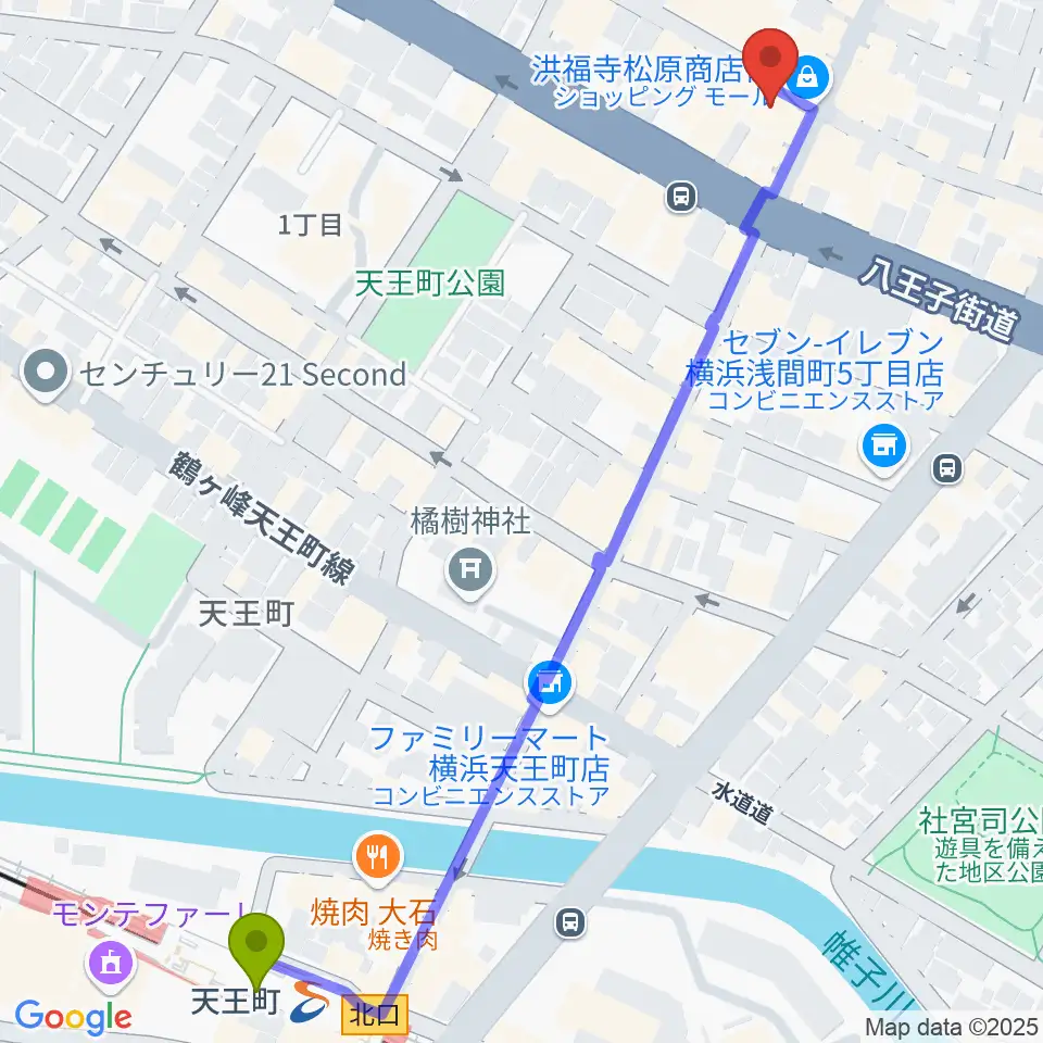 スタジオOUT of DATEの最寄駅天王町駅からの徒歩ルート（約8分）地図