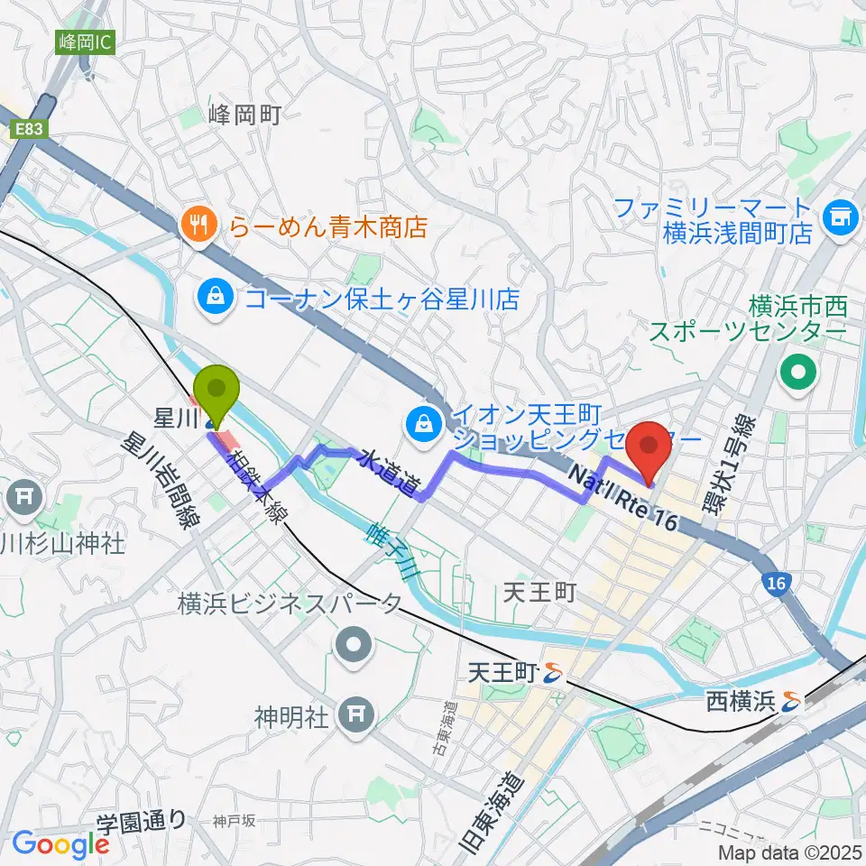 星川駅からスタジオOUT of DATEへのルートマップ地図