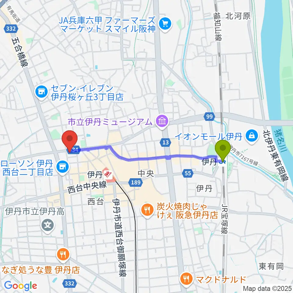 伊丹駅からとらいするへのルートマップ地図