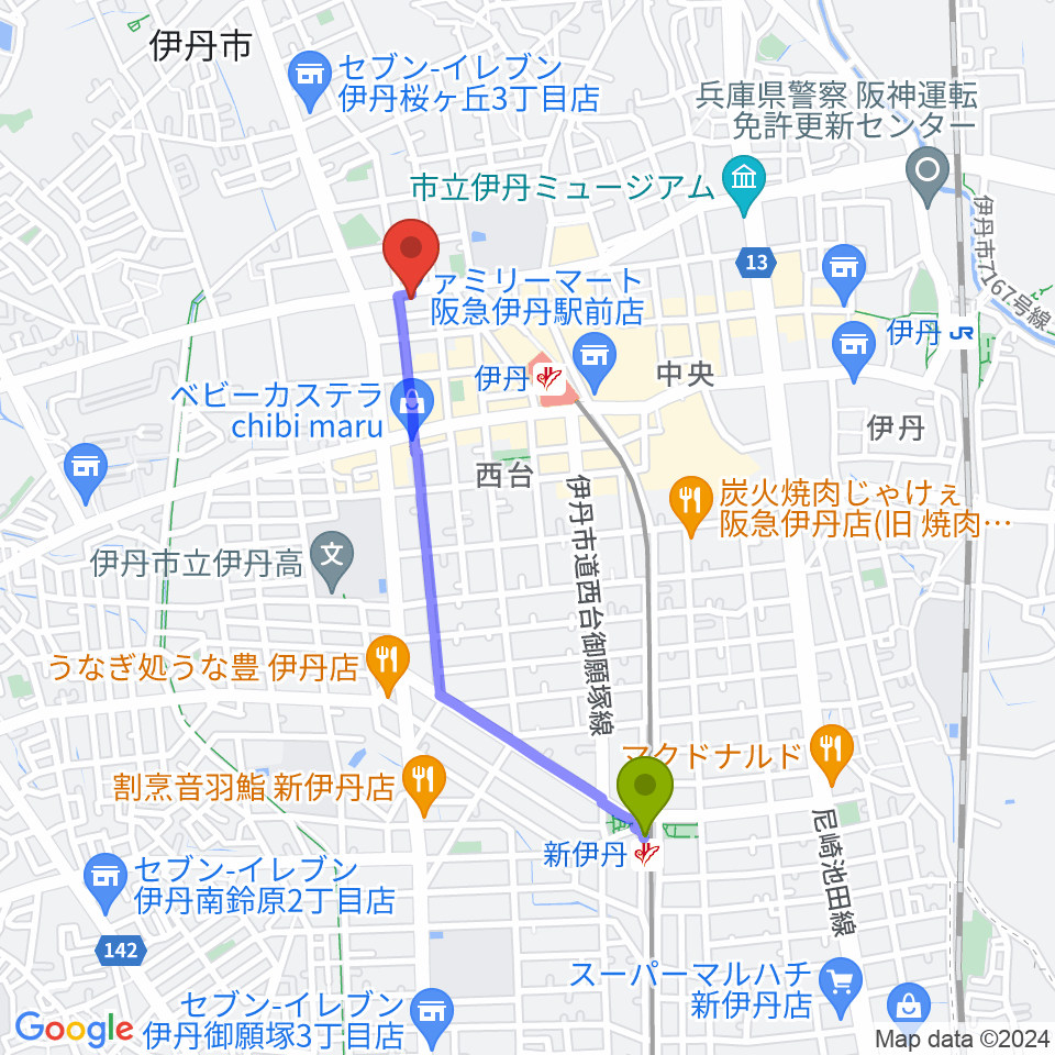 新伊丹駅からとらいするへのルートマップ地図
