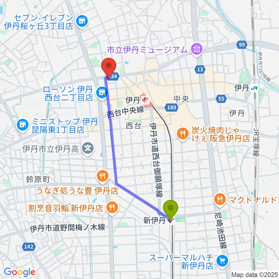新伊丹駅からとらいするへのルートマップ地図