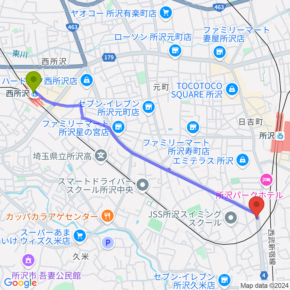 西所沢駅からMTミュージック レンタルスタジオへのルートマップ地図