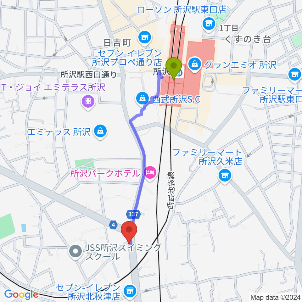 MTミュージック レンタルスタジオの最寄駅所沢駅からの徒歩ルート（約9分）地図