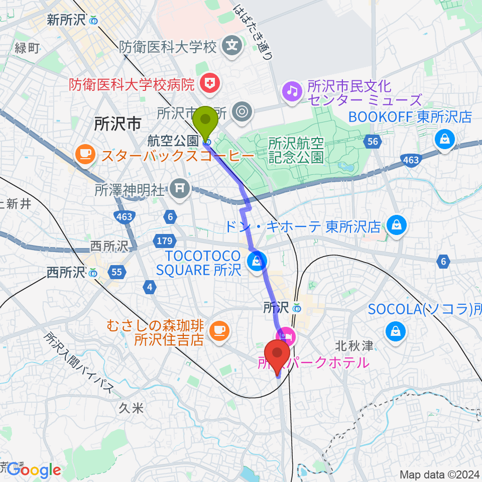 航空公園駅からMTミュージック レンタルスタジオへのルートマップ地図