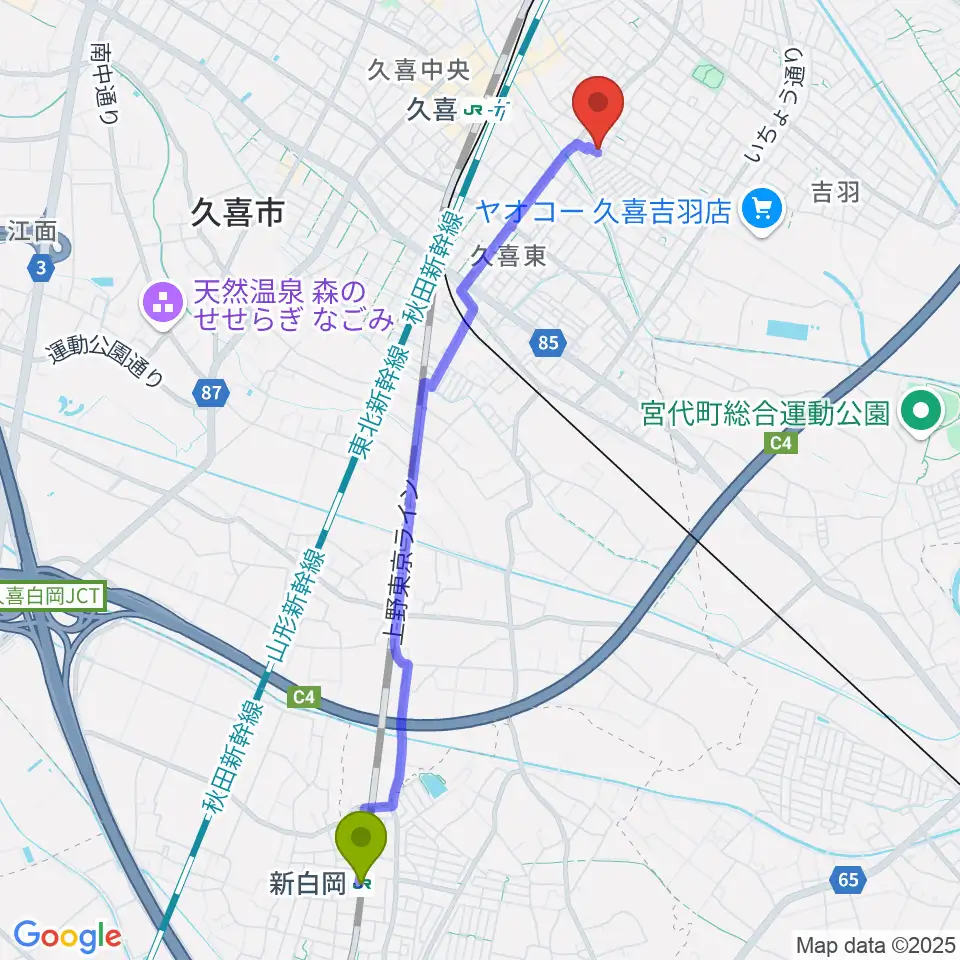 新白岡駅からアルプス楽器へのルートマップ地図