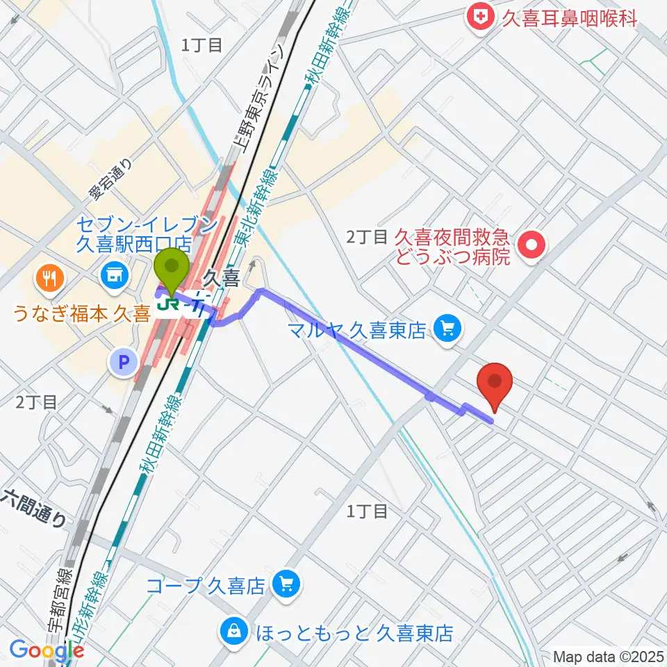 アルプス楽器の最寄駅久喜駅からの徒歩ルート（約8分）地図