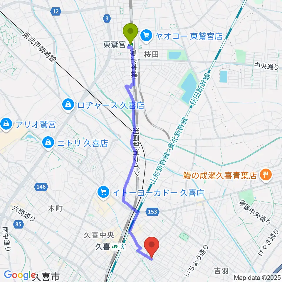 東鷲宮駅からアルプス楽器へのルートマップ地図
