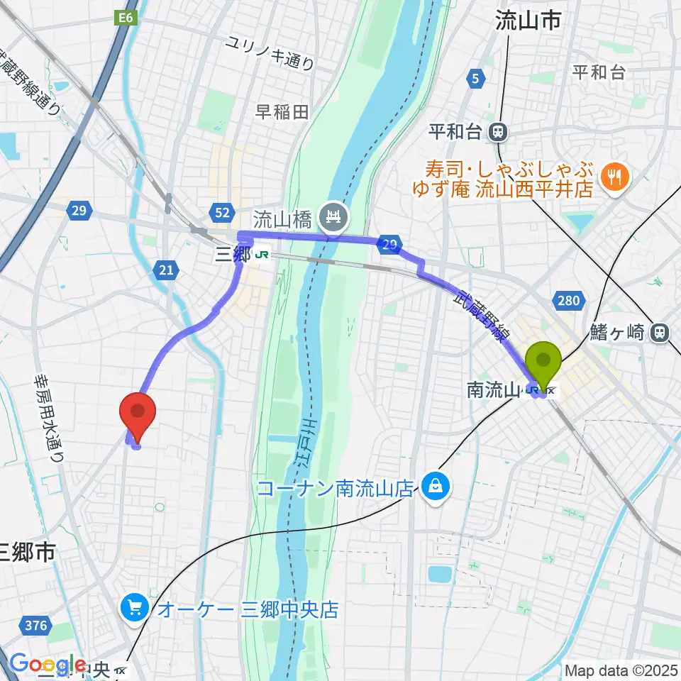 南流山駅から有限会社ピアノフォルテへのルートマップ地図