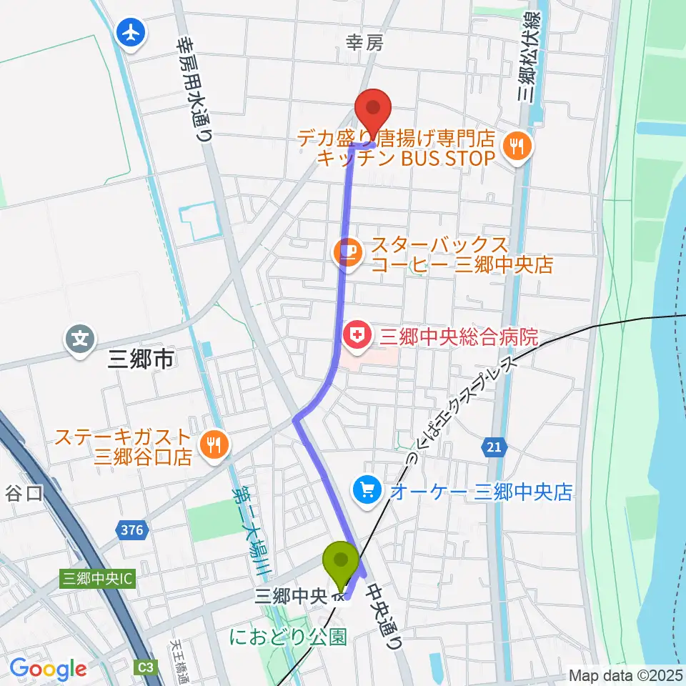 有限会社ピアノフォルテの最寄駅三郷中央駅からの徒歩ルート（約20分）地図