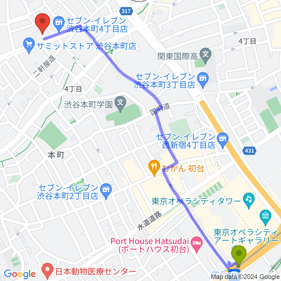 初台駅から東放学園音響専門学校へのルートマップ地図