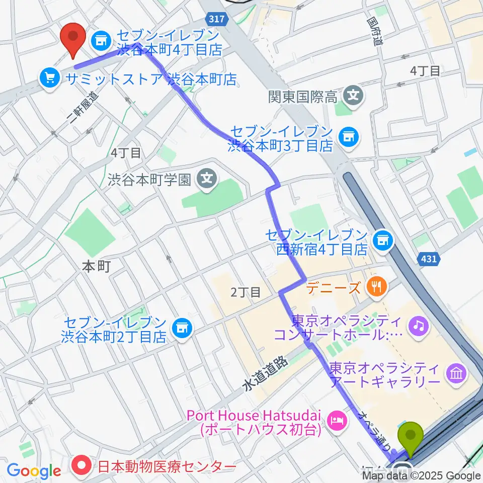 初台駅から東放学園音響専門学校へのルートマップ地図