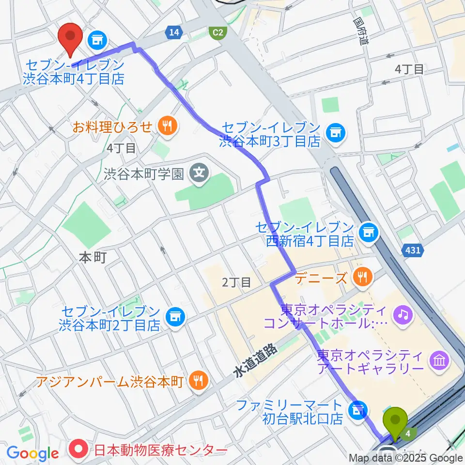 初台駅から東放学園音響専門学校へのルートマップ地図
