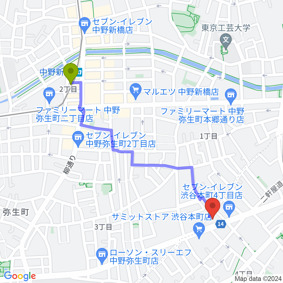 中野新橋駅から東放学園音響専門学校へのルートマップ地図