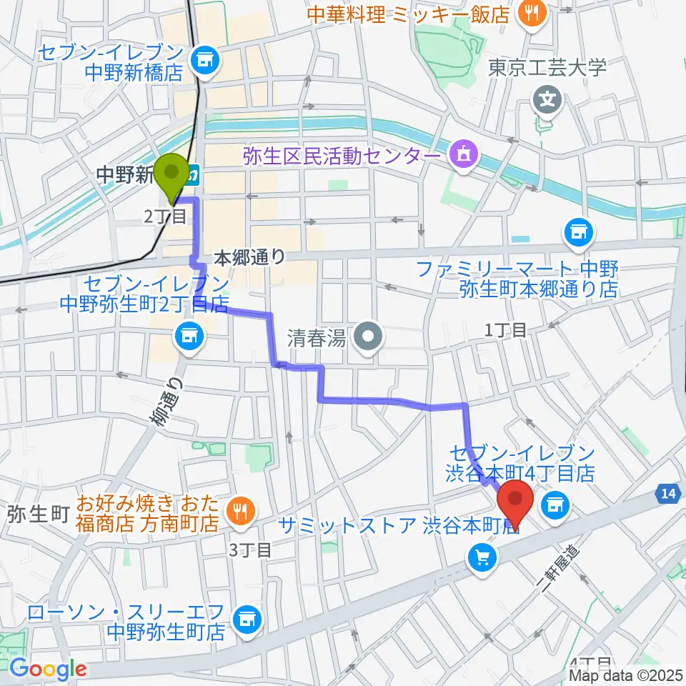 中野新橋駅から東放学園音響専門学校へのルートマップ地図