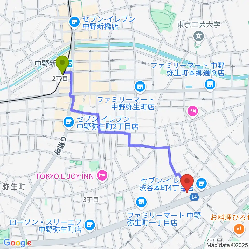 中野新橋駅から東放学園音響専門学校へのルートマップ地図