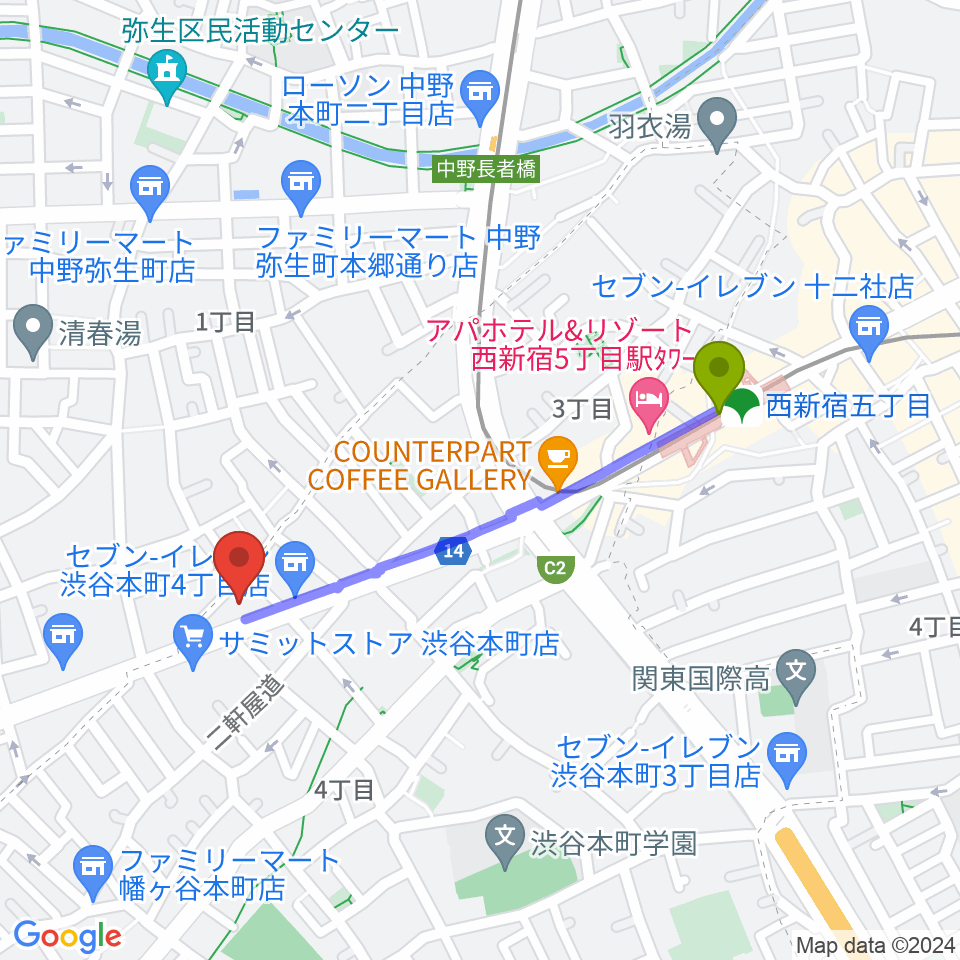 東放学園音響専門学校の最寄駅西新宿五丁目駅からの徒歩ルート（約8分）地図