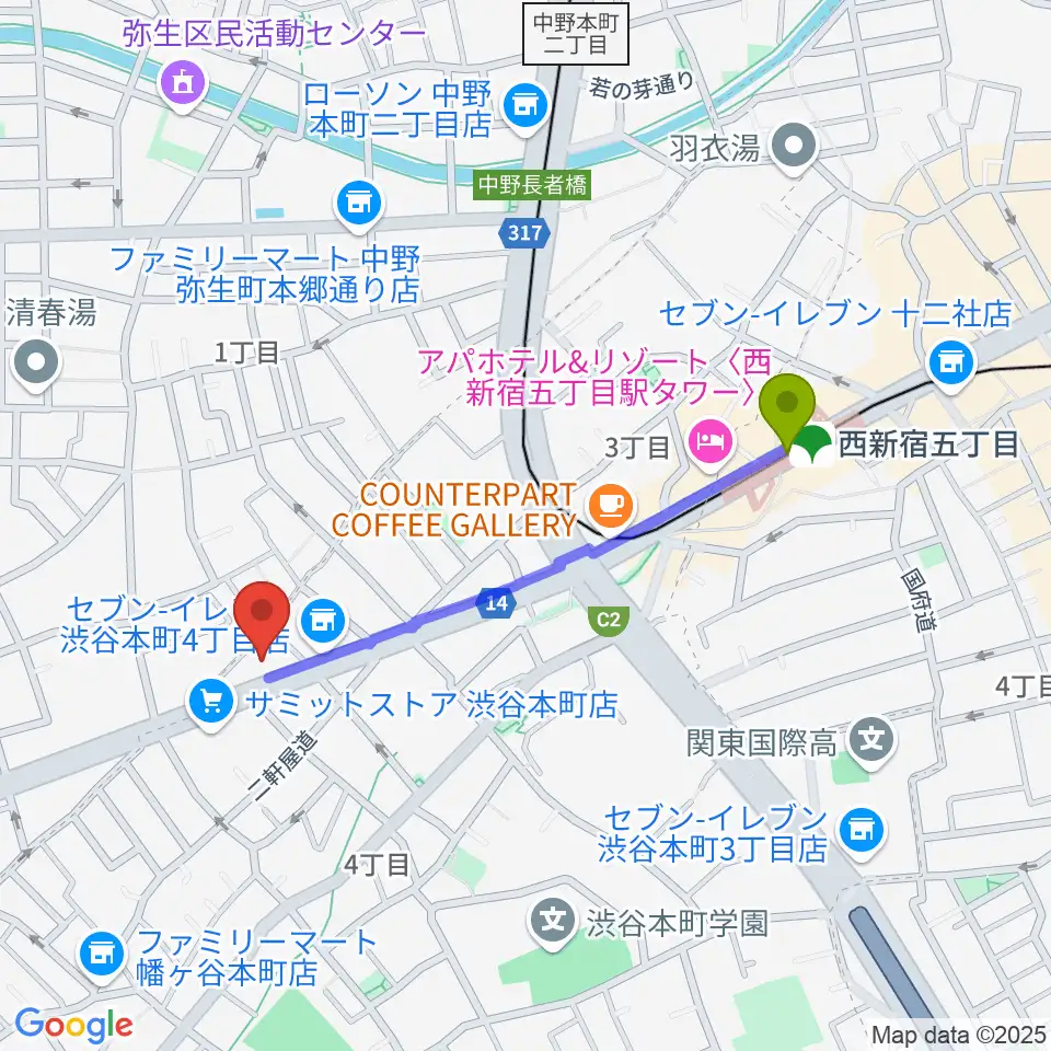 東放学園音響専門学校の最寄駅西新宿五丁目駅からの徒歩ルート（約8分）地図