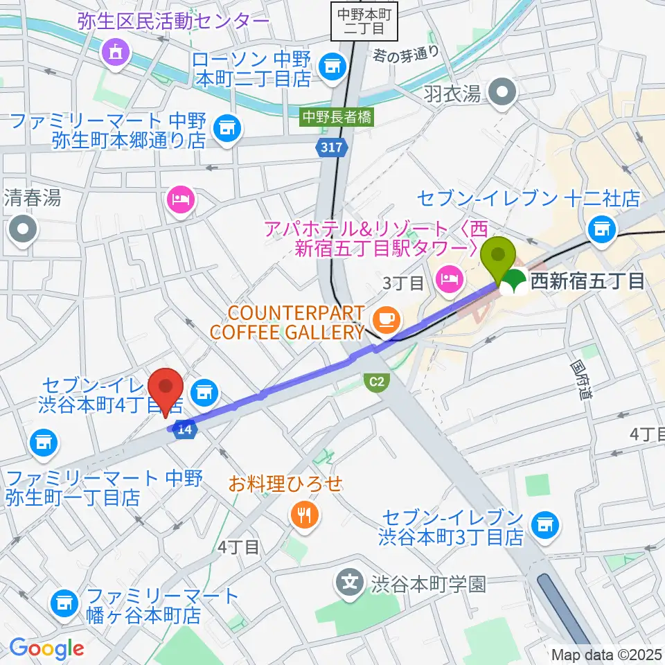 東放学園音響専門学校の最寄駅西新宿五丁目駅からの徒歩ルート（約8分）地図