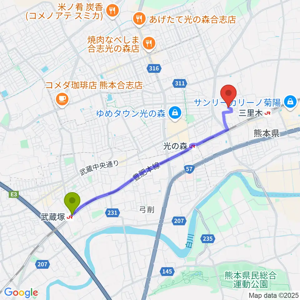 武蔵塚駅からスタジオグリームへのルートマップ地図