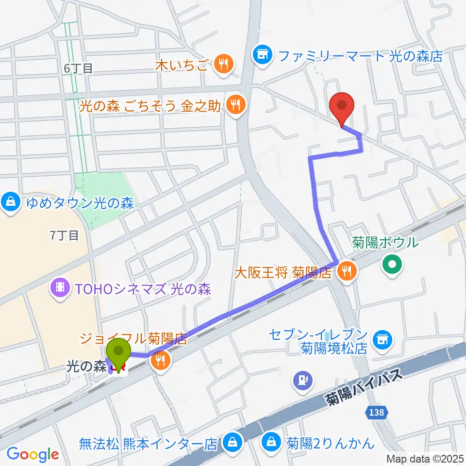 光の森駅からスタジオグリームへのルートマップ地図