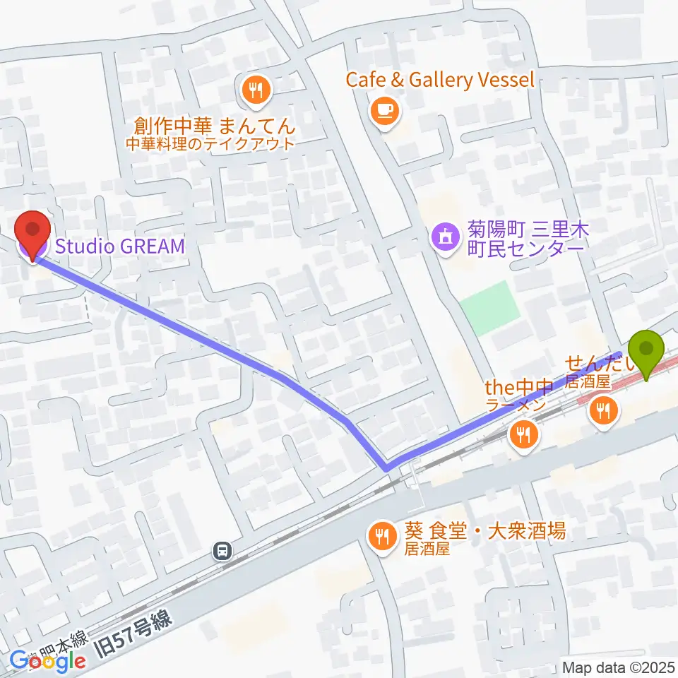 スタジオグリームの最寄駅三里木駅からの徒歩ルート（約7分）地図