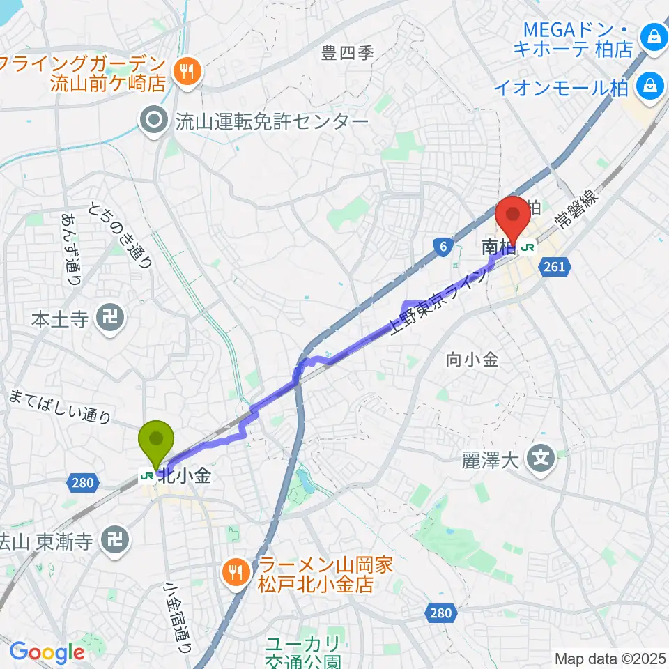 北小金駅からワールドビーツへのルートマップ地図