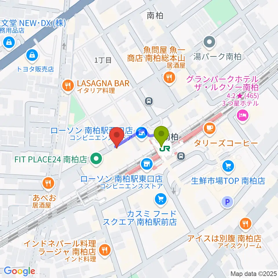 ワールドビーツの最寄駅南柏駅からの徒歩ルート（約1分）地図