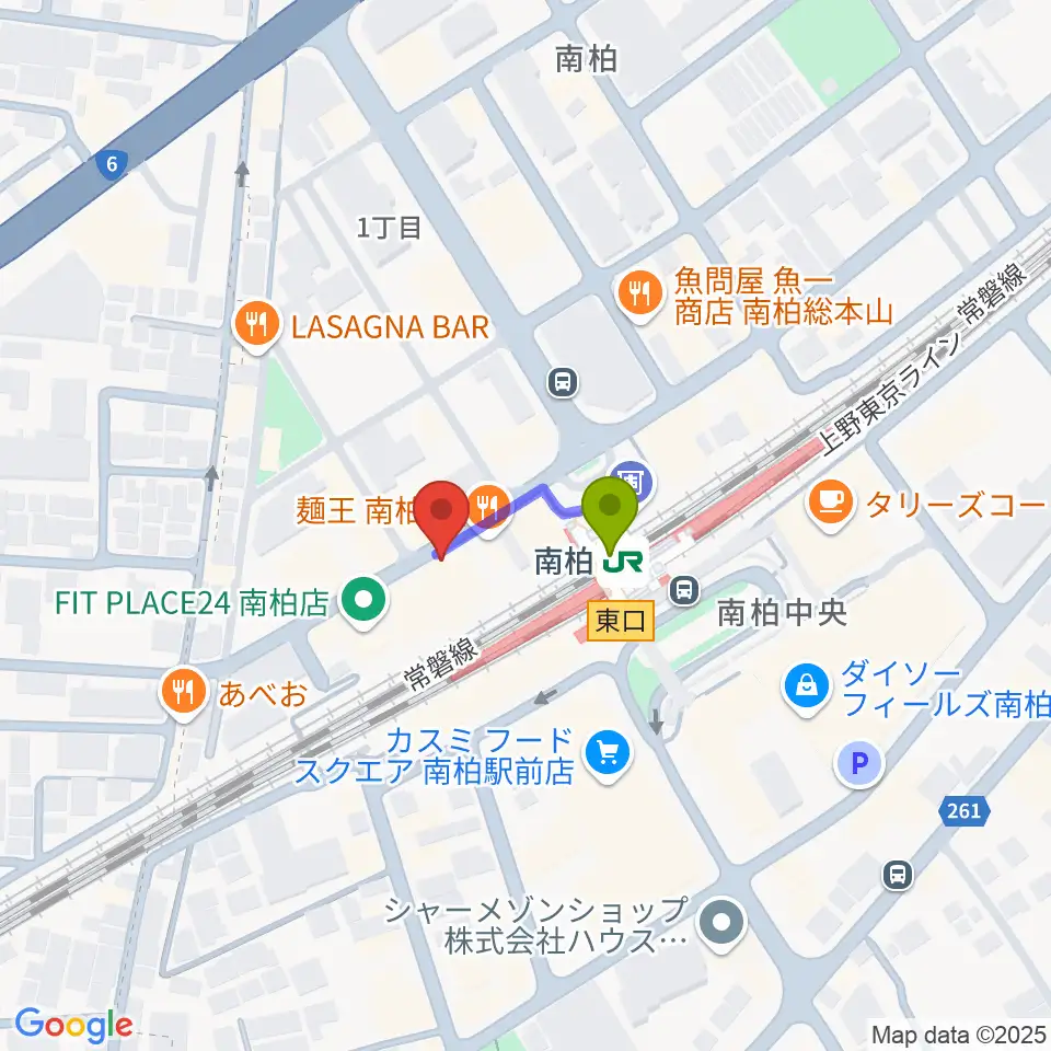 ワールドビーツの最寄駅南柏駅からの徒歩ルート（約1分）地図