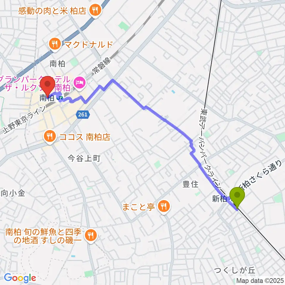 新柏駅からワールドビーツへのルートマップ地図