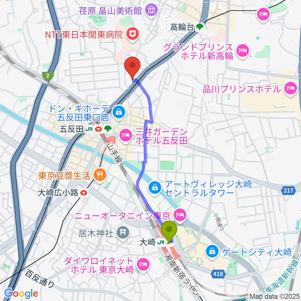 大崎駅からアルモニーアへのルートマップ地図