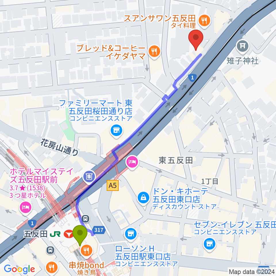 五反田ピアノ教室アルモニーアの最寄駅五反田駅からの徒歩ルート（約6分）地図