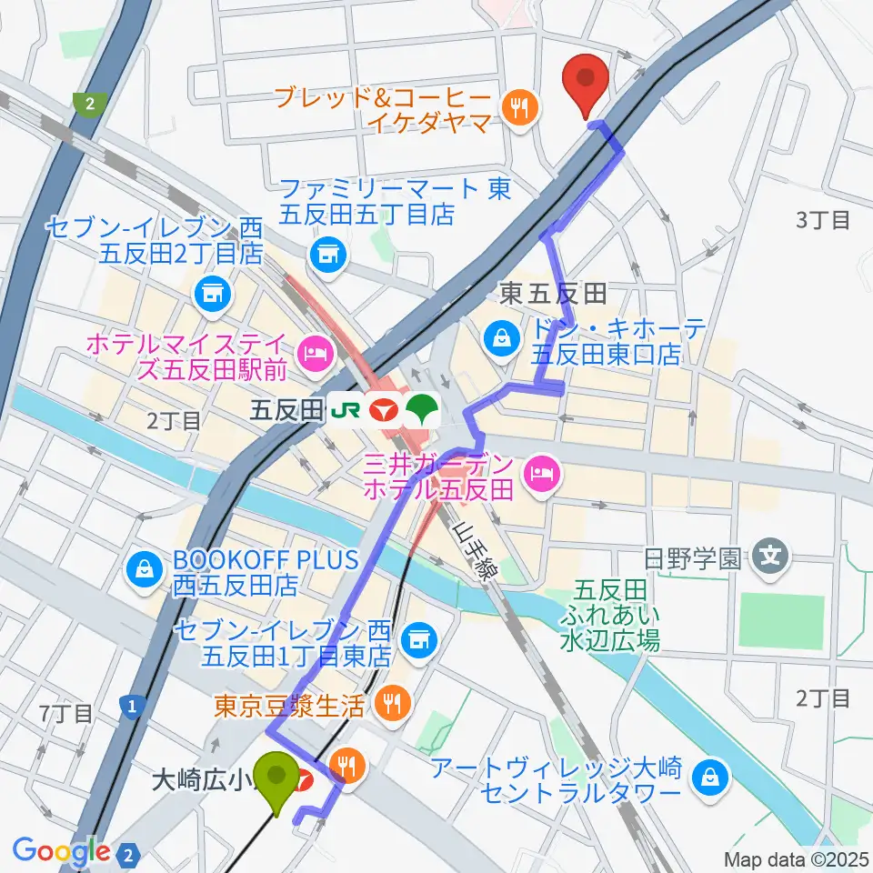 大崎広小路駅から五反田ピアノ教室アルモニーアへのルートマップ地図