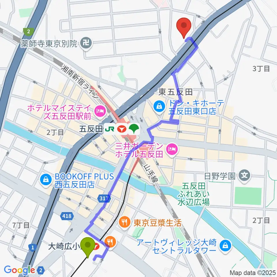 大崎広小路駅からアルモニーアへのルートマップ地図