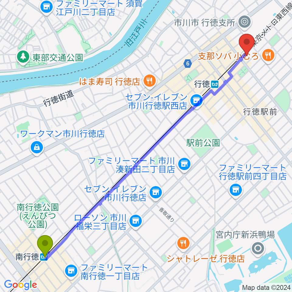 南行徳駅からワイルドフラワー・スタジオ行徳へのルートマップ地図