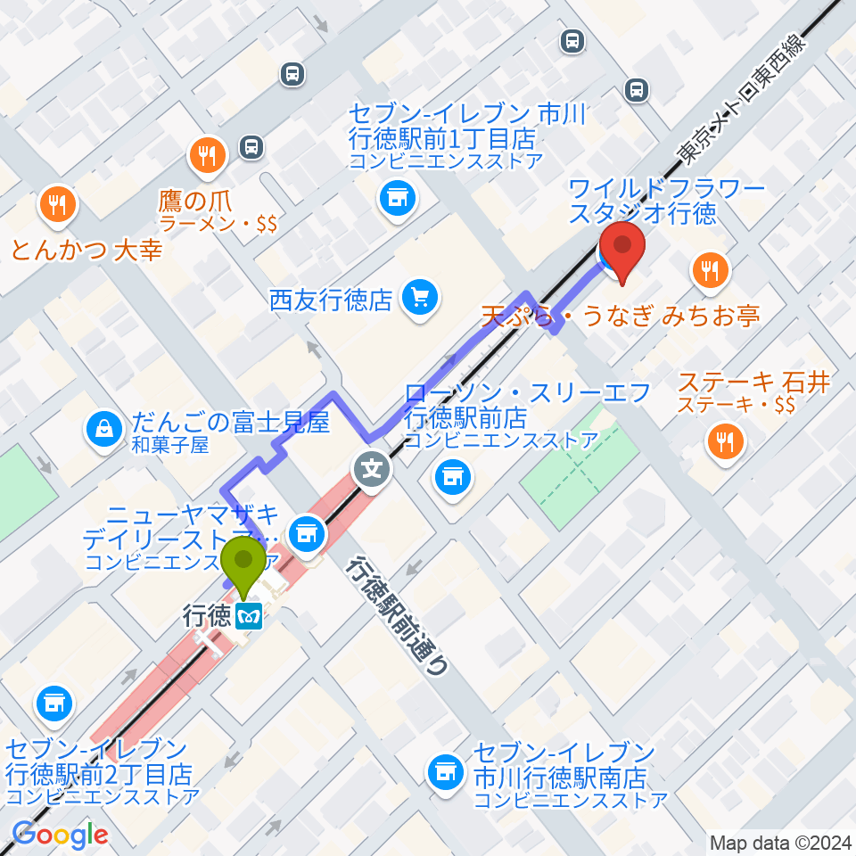 ワイルドフラワー・スタジオ行徳の最寄駅行徳駅からの徒歩ルート（約4分）地図