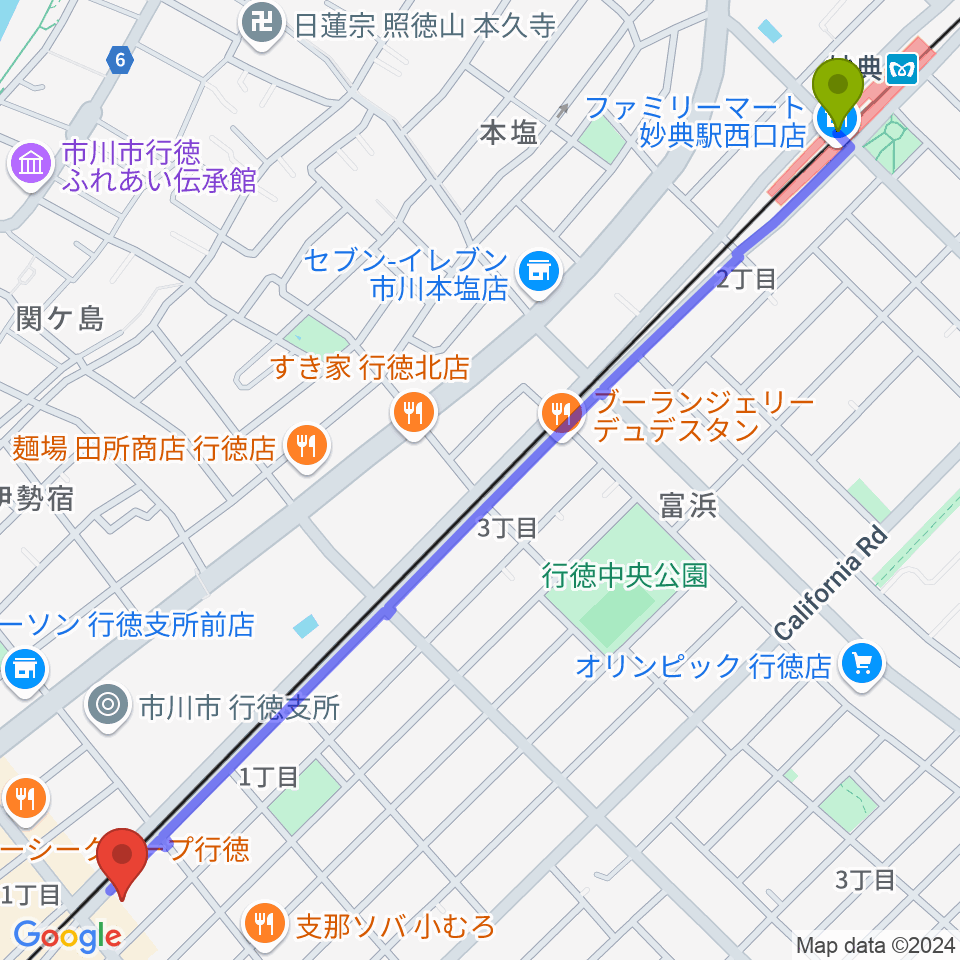 妙典駅からワイルドフラワー・スタジオ行徳へのルートマップ地図