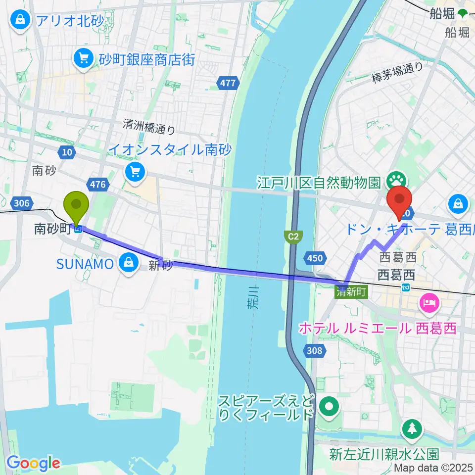 南砂町駅から島村楽器 イオン葛西店へのルートマップ地図
