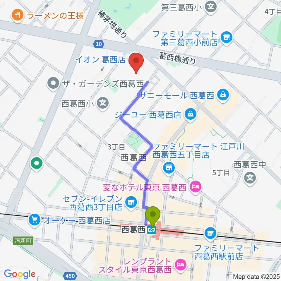 島村楽器 イオン葛西店の最寄駅西葛西駅からの徒歩ルート（約8分）地図