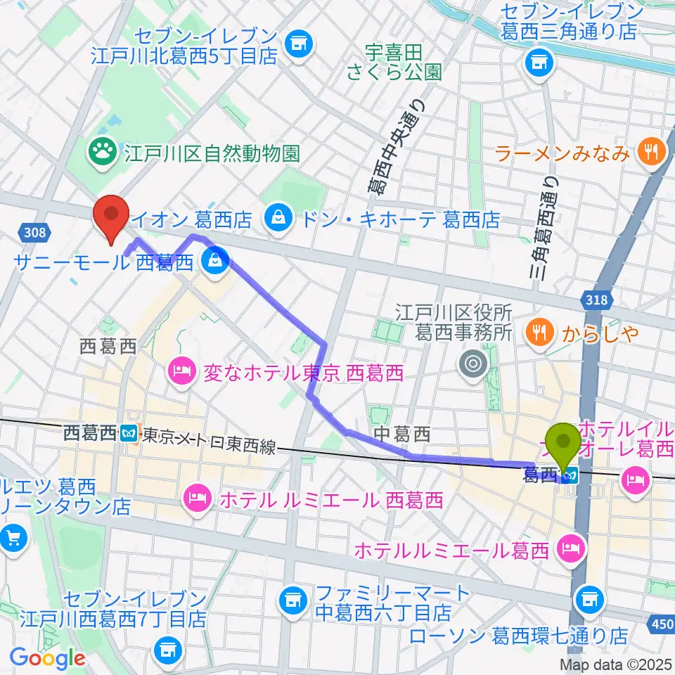 葛西駅から島村楽器 イオン葛西店へのルートマップ地図