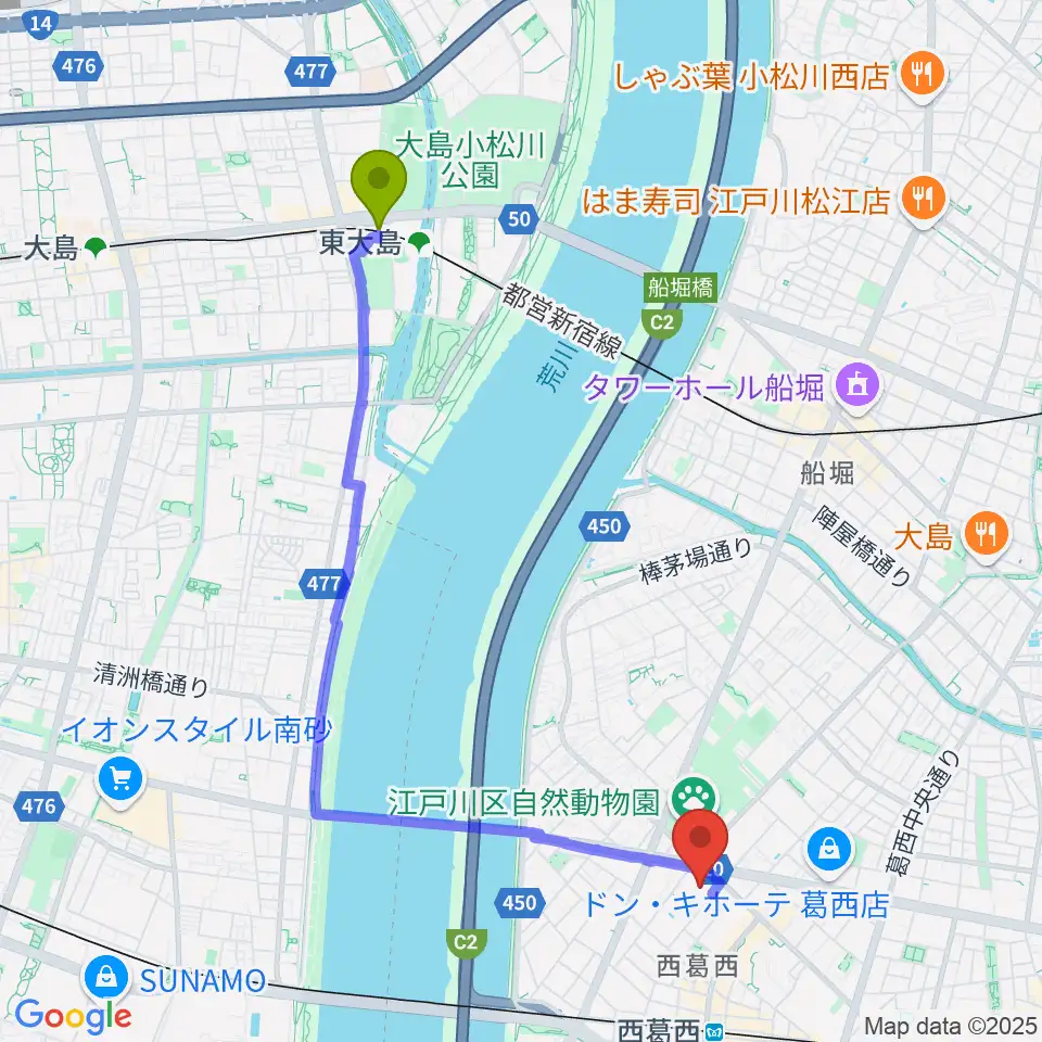 東大島駅から島村楽器 イオン葛西店へのルートマップ地図