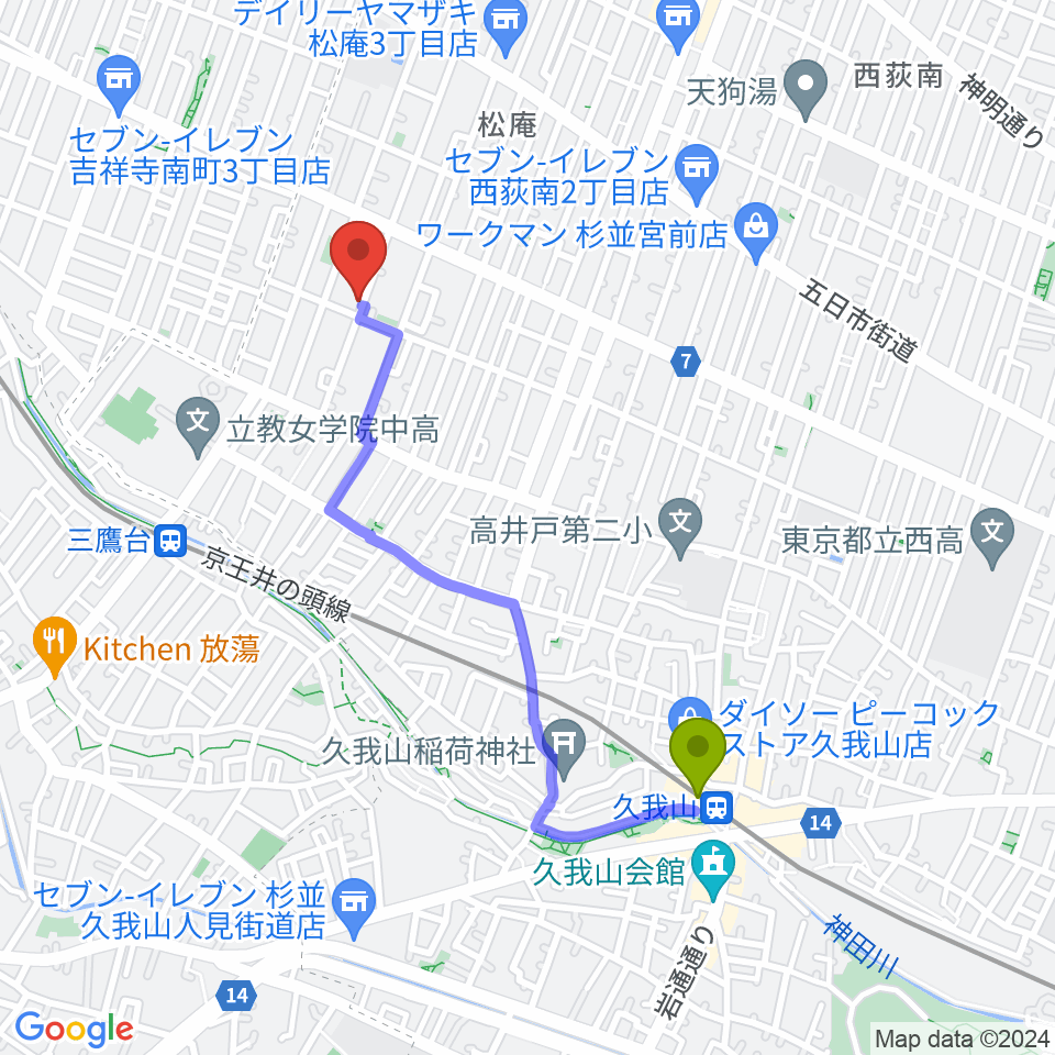 久我山駅から平野真理子ピアノ音楽教室へのルートマップ地図