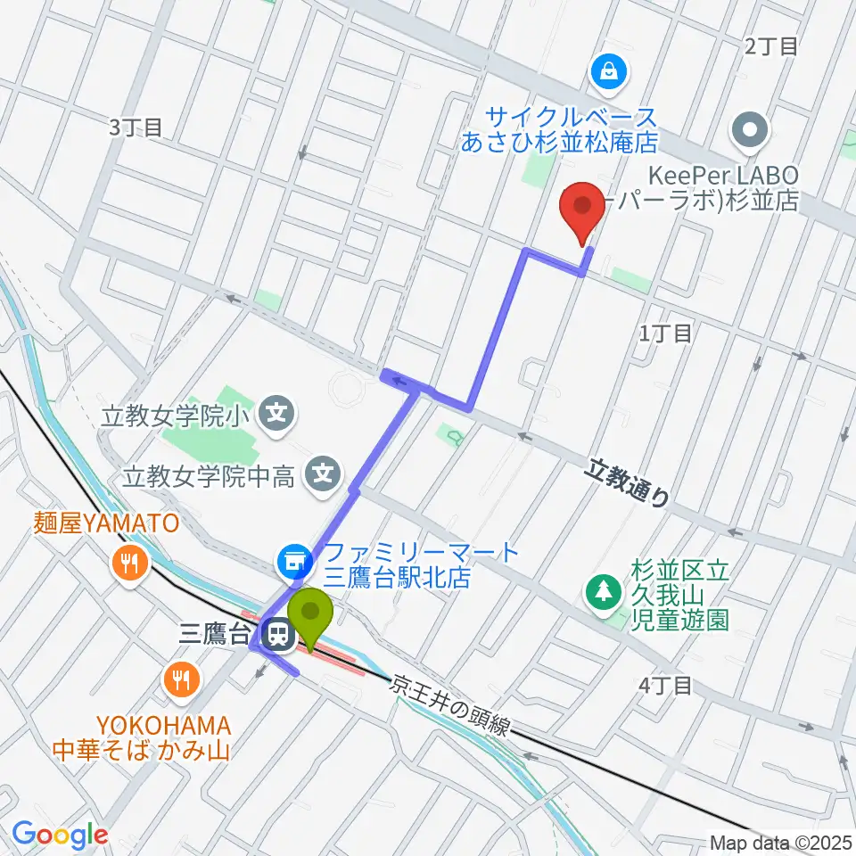 平野真理子ピアノ音楽教室の最寄駅三鷹台駅からの徒歩ルート（約9分）地図