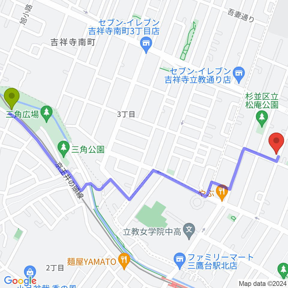 井の頭公園駅から平野真理子ピアノ音楽教室へのルートマップ地図