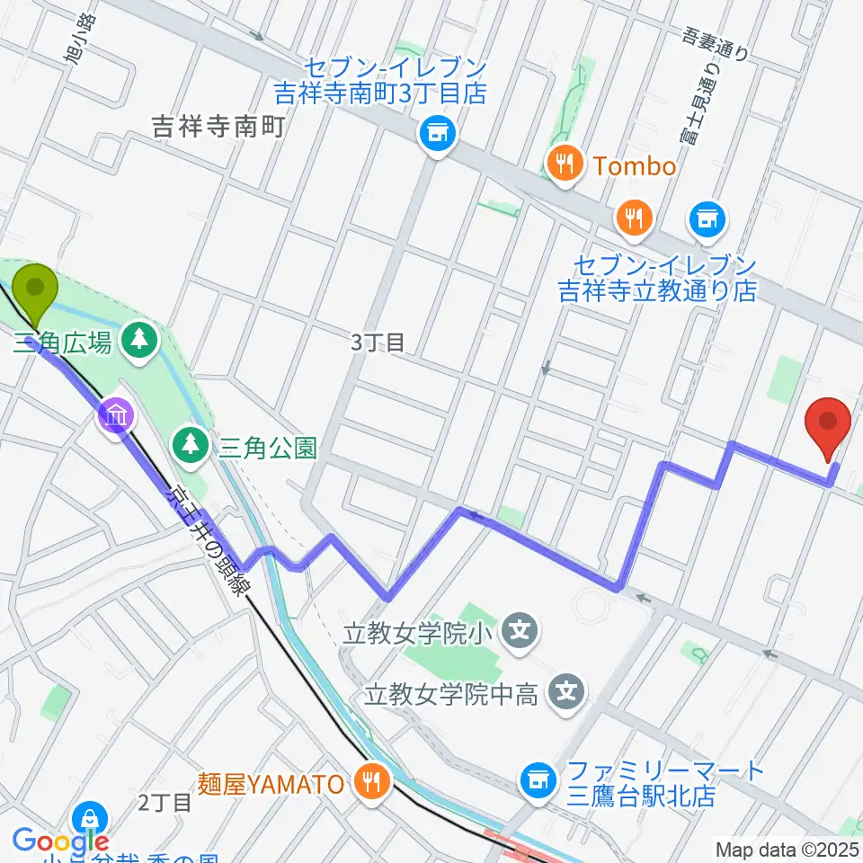 井の頭公園駅から平野真理子ピアノ音楽教室へのルートマップ地図