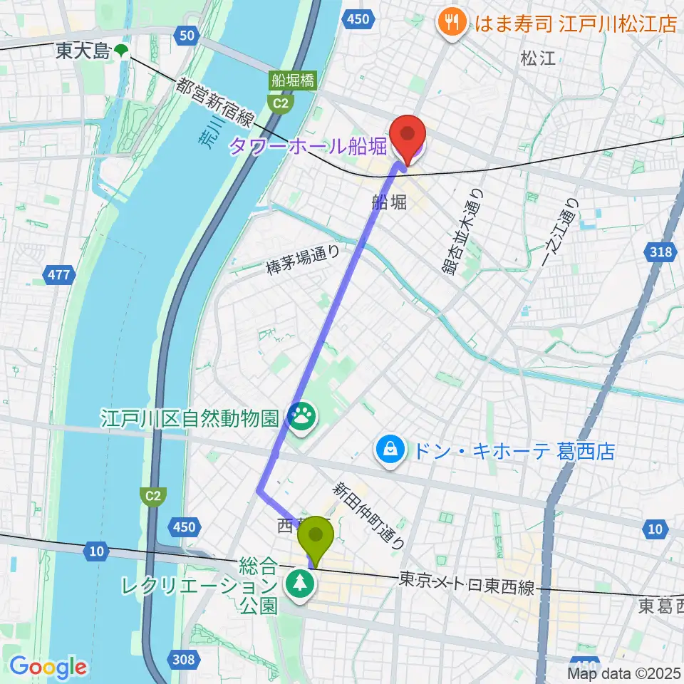 西葛西駅から島村楽器 ミュージックサロン船堀へのルートマップ地図