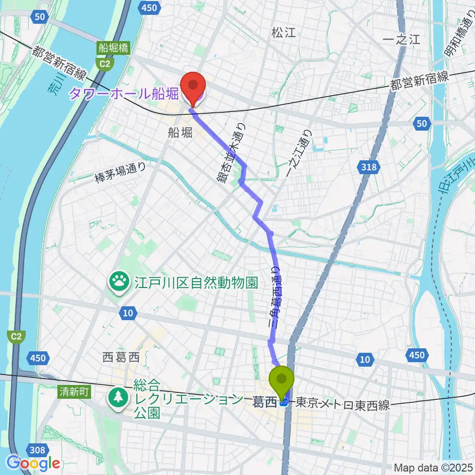 葛西駅から島村楽器 ミュージックサロン船堀へのルートマップ地図