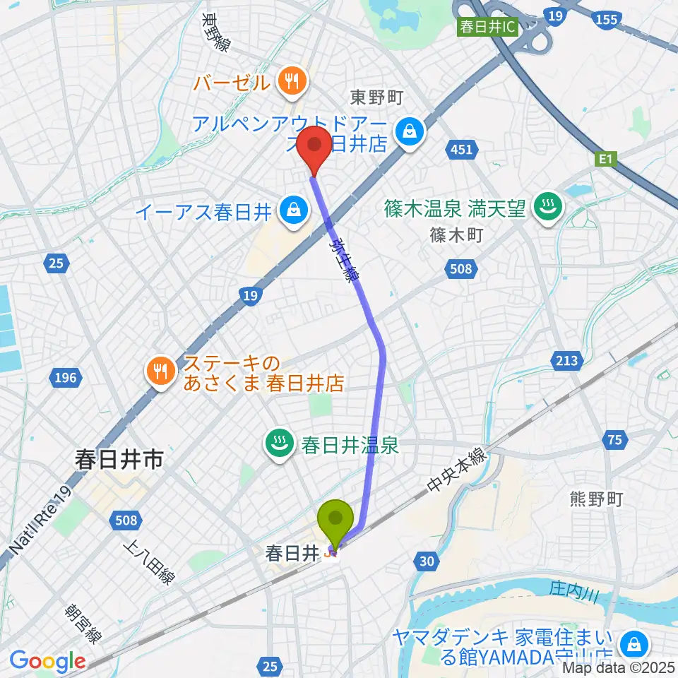 楽器の青ラボの最寄駅春日井駅からの徒歩ルート（約34分）地図