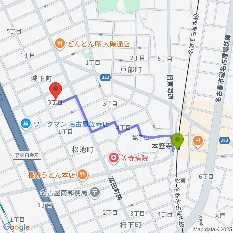 楽器の青ラボの最寄駅本笠寺駅からの徒歩ルート（約9分）地図