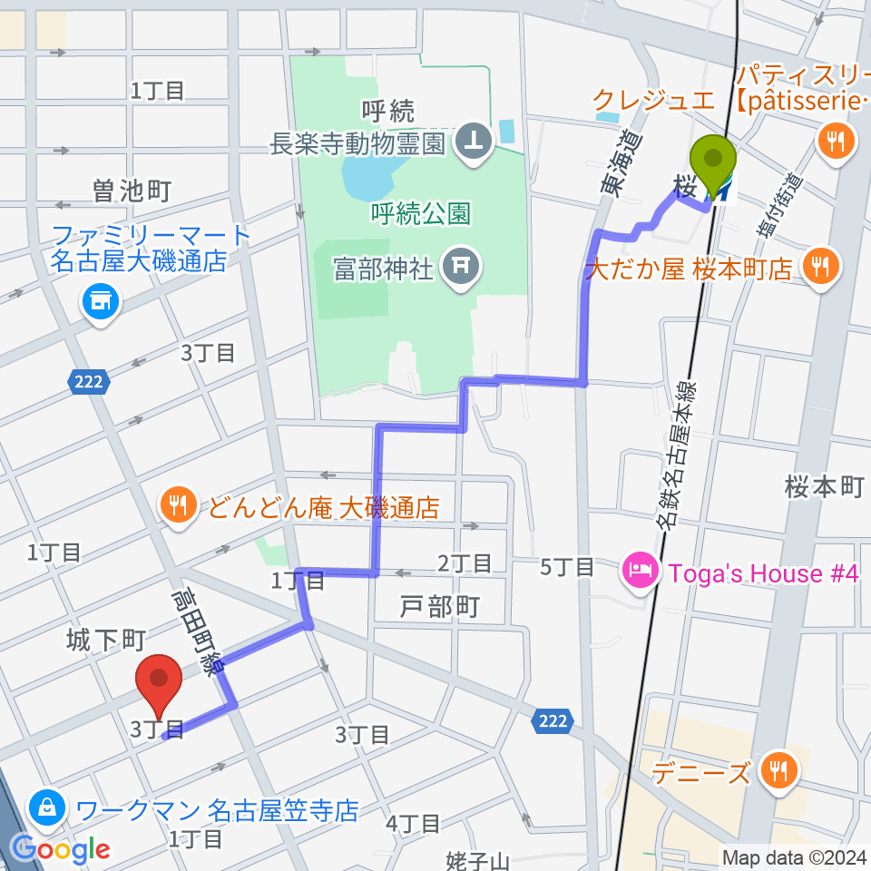 桜駅から楽器の青ラボへのルートマップ地図